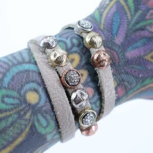 Leather Double Wrap Mixed Metal and CZ Bead Bracelet